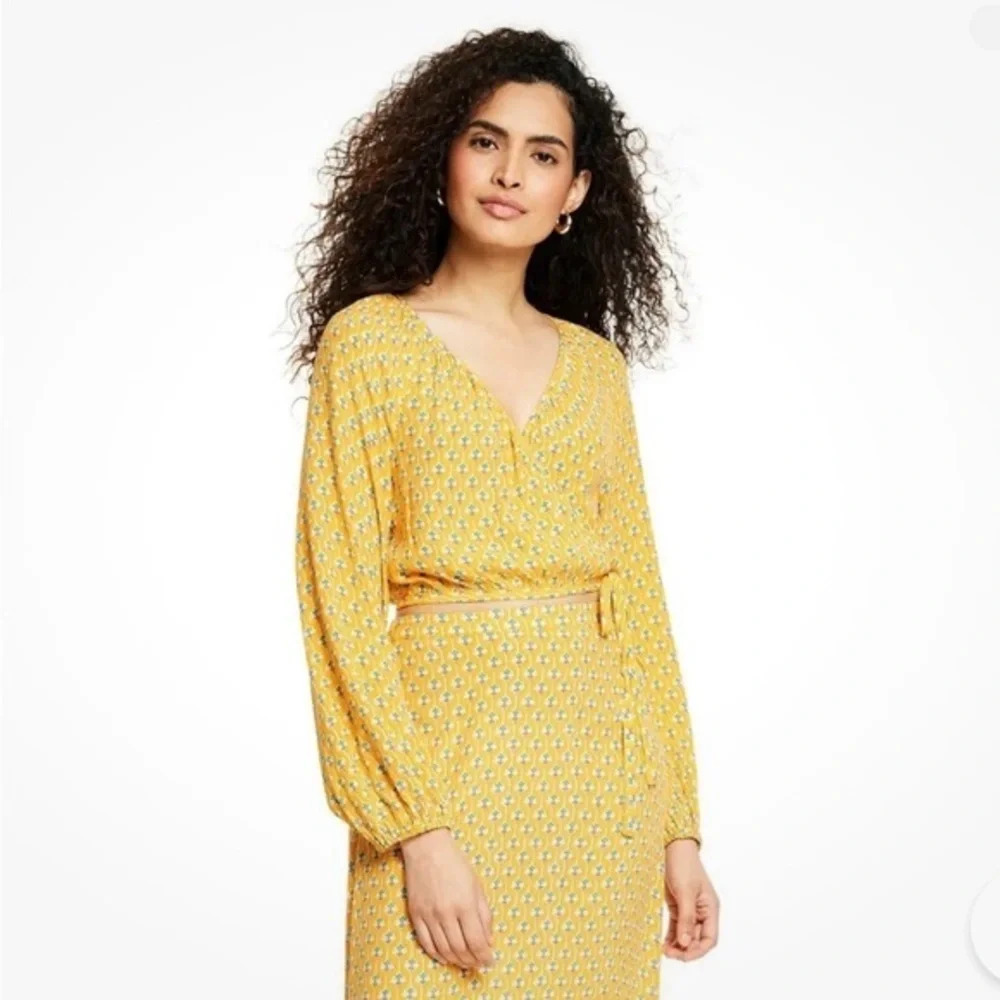 RHODE Women's Dainty Lotus Print Wrap Top Blouse Yellow Size S Boho Resort wear